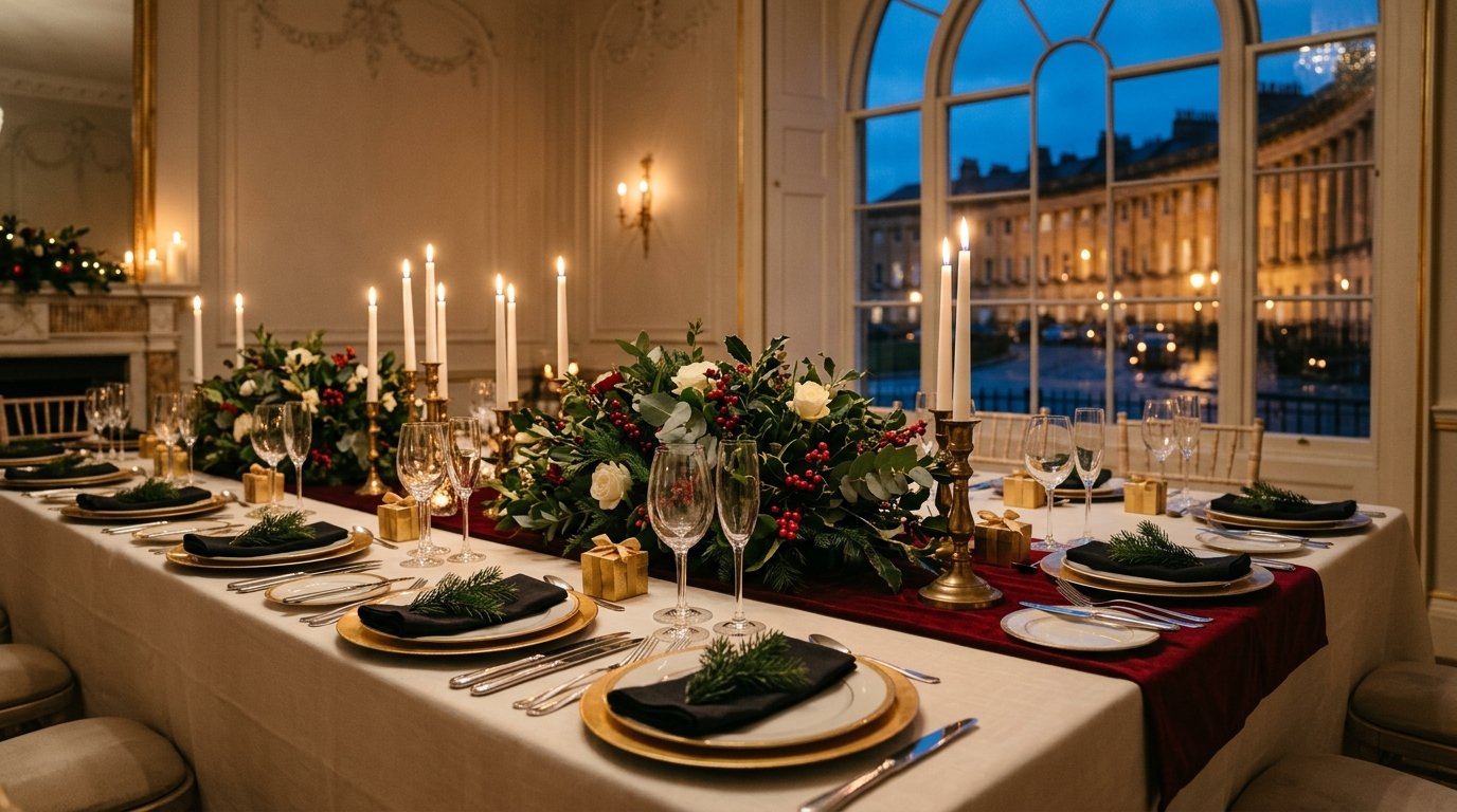 Corporate Christmas party setting in Bath — festive ambience, candlelit tables and Bath character