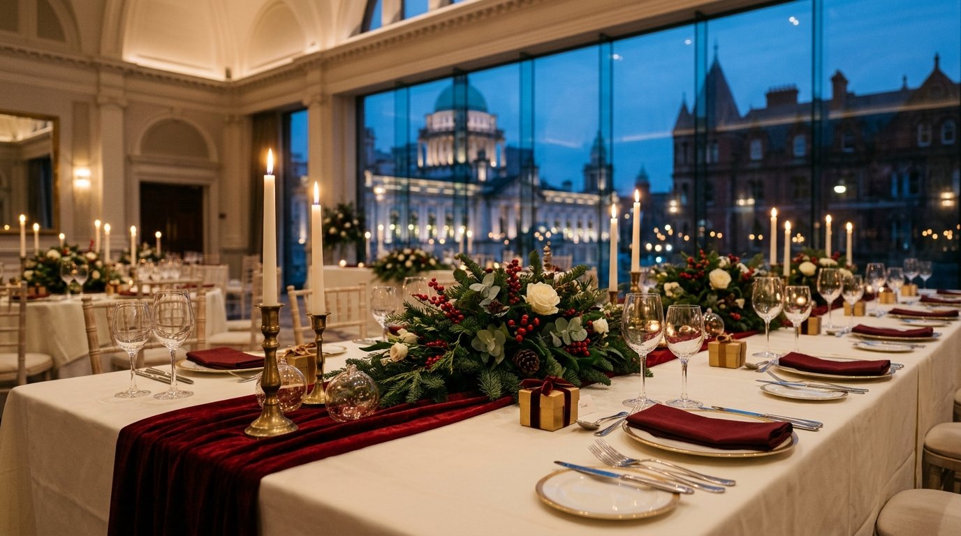 Corporate Christmas party setting in Belfast — festive ambience, candlelit tables and Belfast character