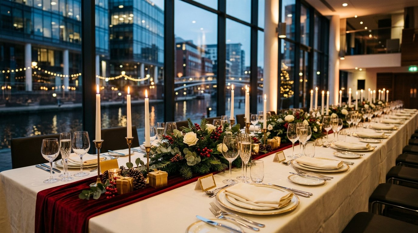 Corporate Christmas party setting in Birmingham — festive ambience, candlelit tables and Birmingham character