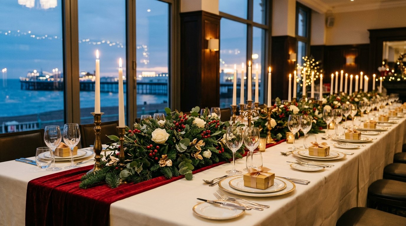 Corporate Christmas party setting in Brighton — festive ambience, candlelit tables and Brighton character