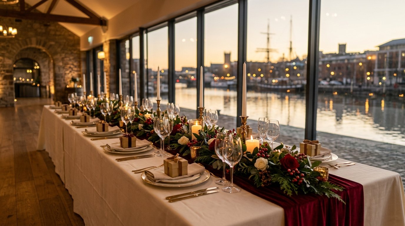 Corporate Christmas party setting in Bristol — festive ambience, candlelit tables and Bristol character