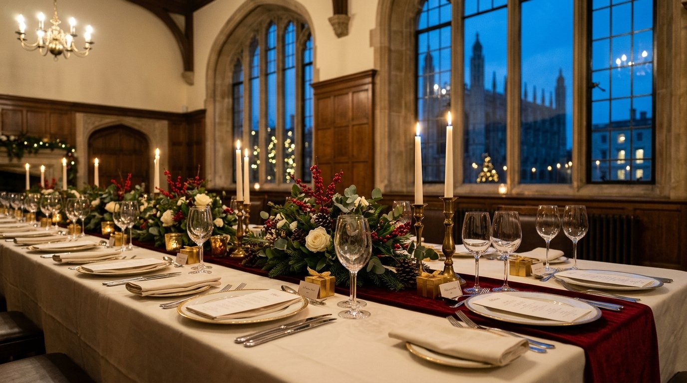 Corporate Christmas party setting in Cambridge — festive ambience, candlelit tables and Cambridge character