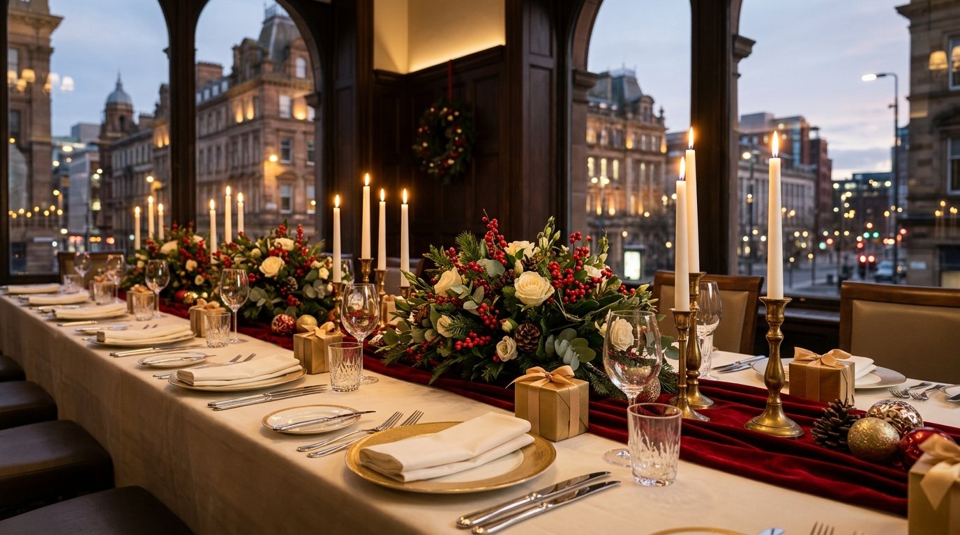 Corporate Christmas party setting in Glasgow — festive ambience, candlelit tables and Glasgow character