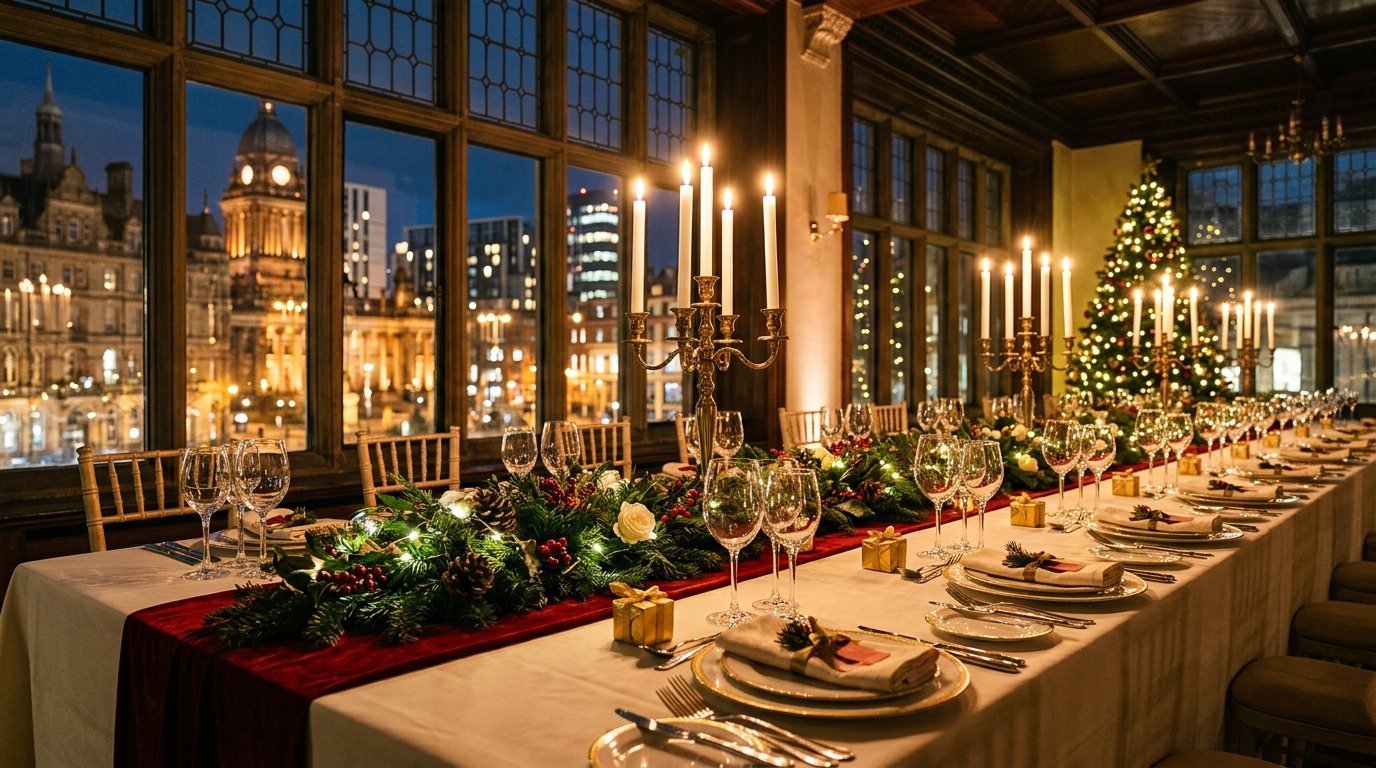 Corporate Christmas party setting in Leeds — festive ambience, candlelit tables and Leeds character