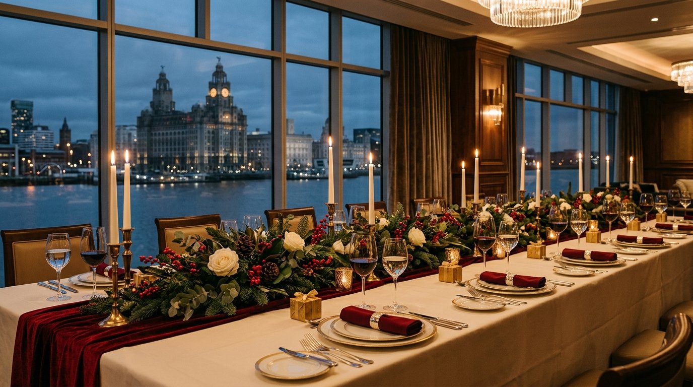 Corporate Christmas party setting in Liverpool — festive ambience, candlelit tables and Liverpool character