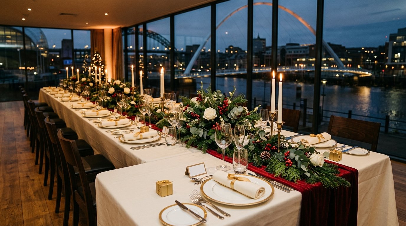 Corporate Christmas party setting in Newcastle — festive ambience, candlelit tables and Newcastle character