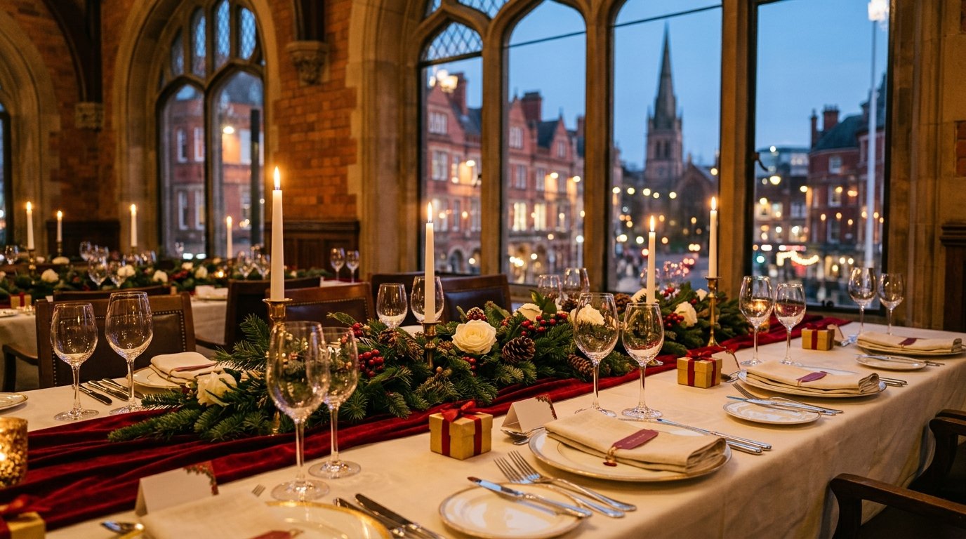 Corporate Christmas party setting in Nottingham — festive ambience, candlelit tables and Nottingham character