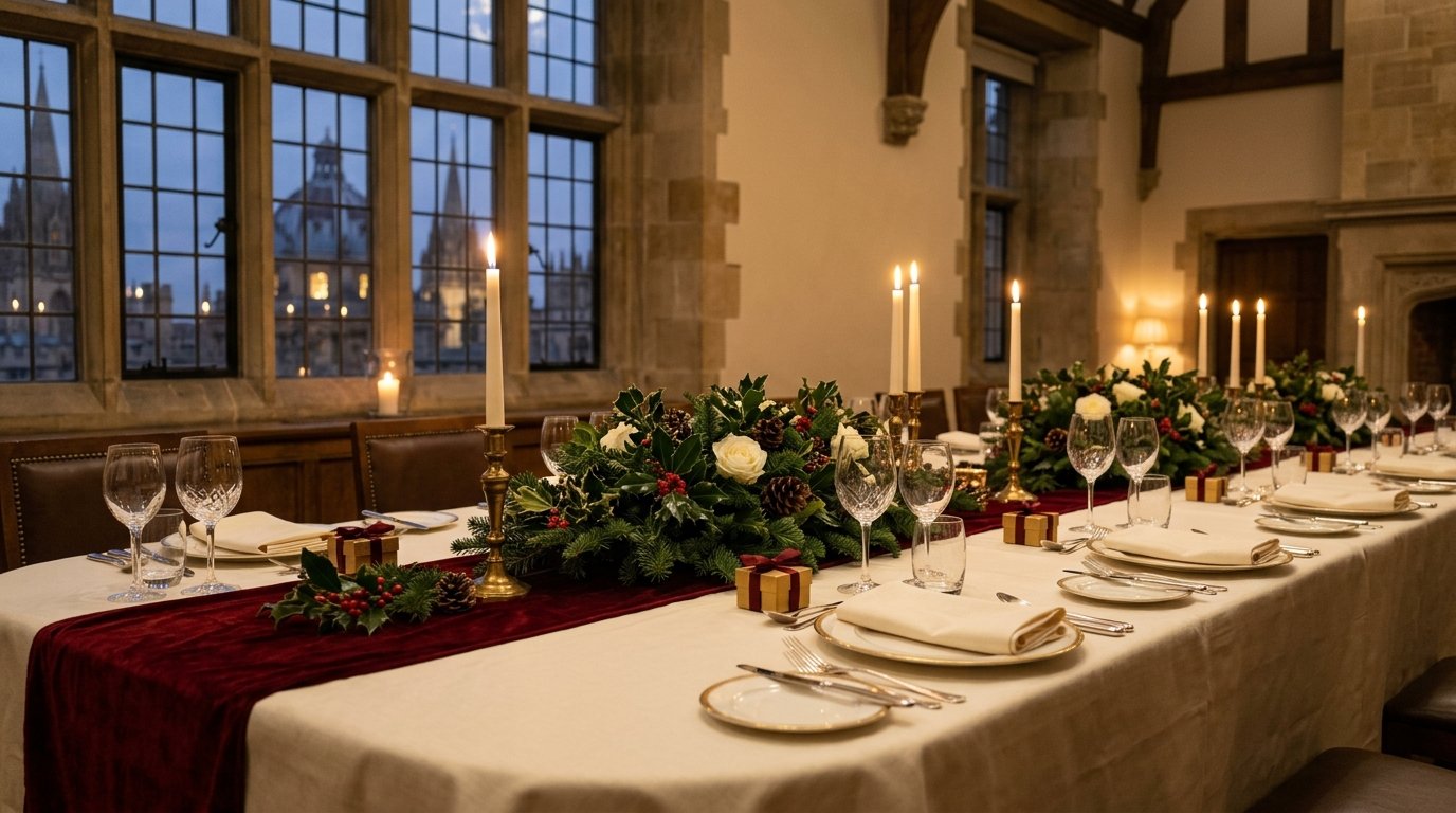 Corporate Christmas party setting in Oxford — festive ambience, candlelit tables and Oxford character