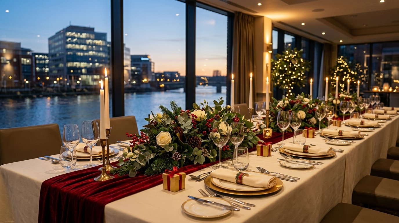 Corporate Christmas party setting in Reading — festive ambience, candlelit tables and Reading character