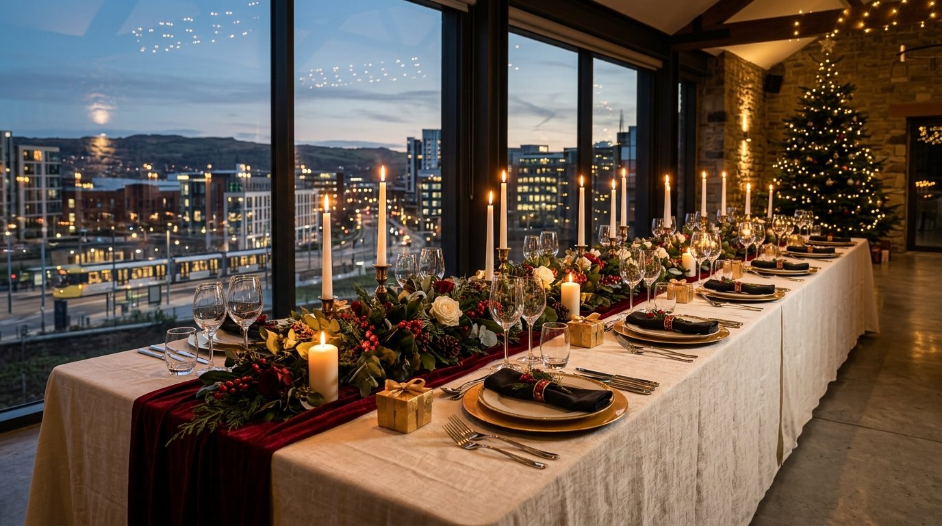 Corporate Christmas party setting in Sheffield — festive ambience, candlelit tables and Sheffield character