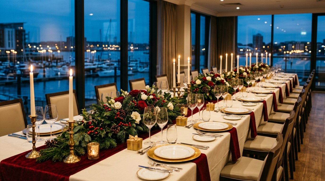 Corporate Christmas party setting in Southampton — festive ambience, candlelit tables and Southampton character