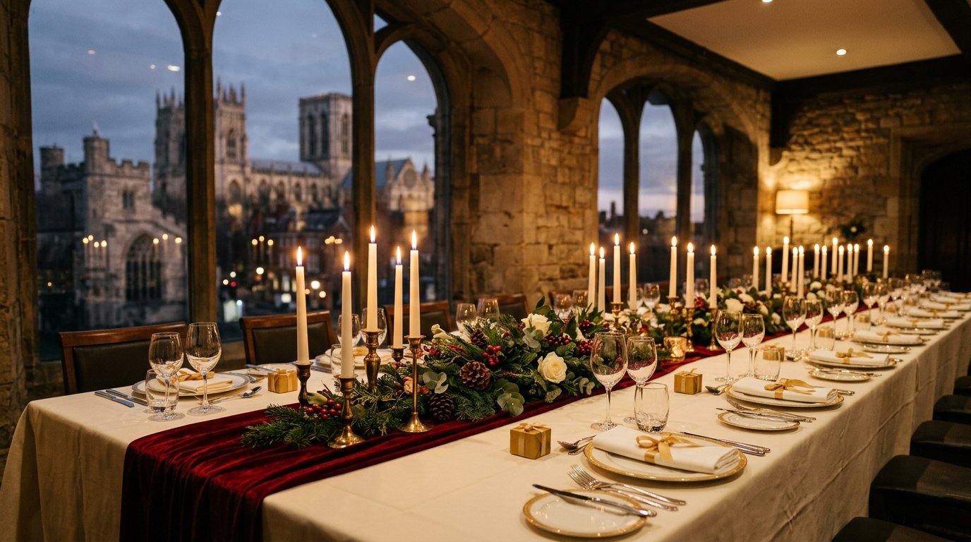 Corporate Christmas party setting in York — festive ambience, candlelit tables and York character